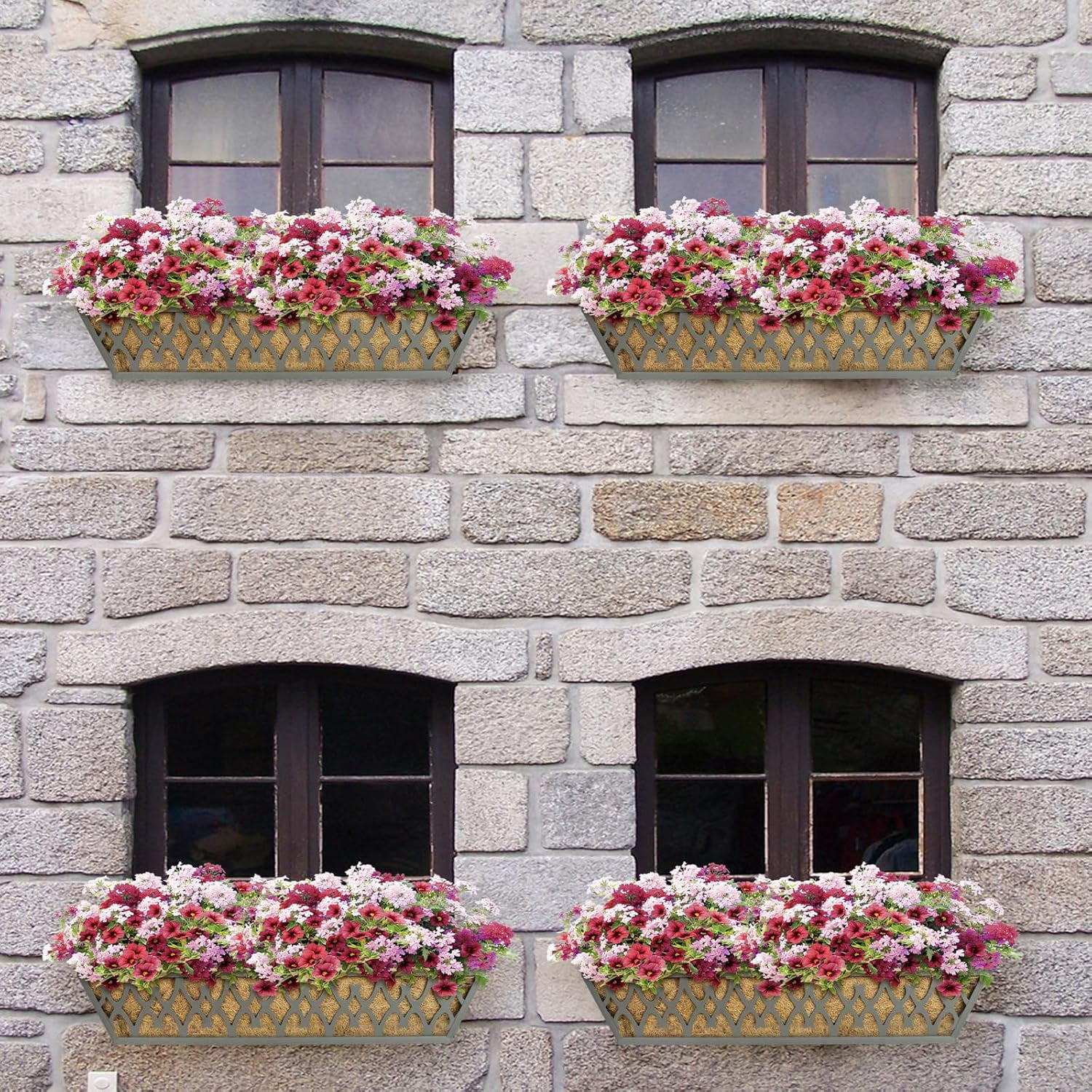 2 Pack 24 Inch Window Boxes Planters Railing Planter Box with Adjustable Brackets for Porch Fence Patio Balcony Hanging Flower Baskets with Coco Liners for Outdoor Garden Décor - Black