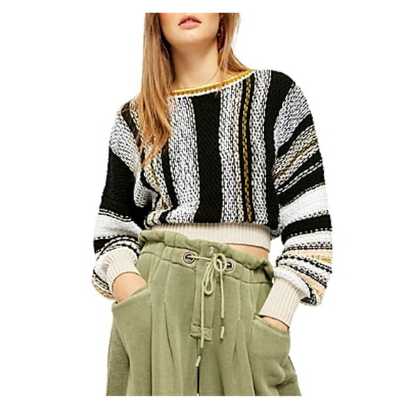 FREE PEOPLE Womens Black Color Block Long Sleeve Jewel Neck Sweater L