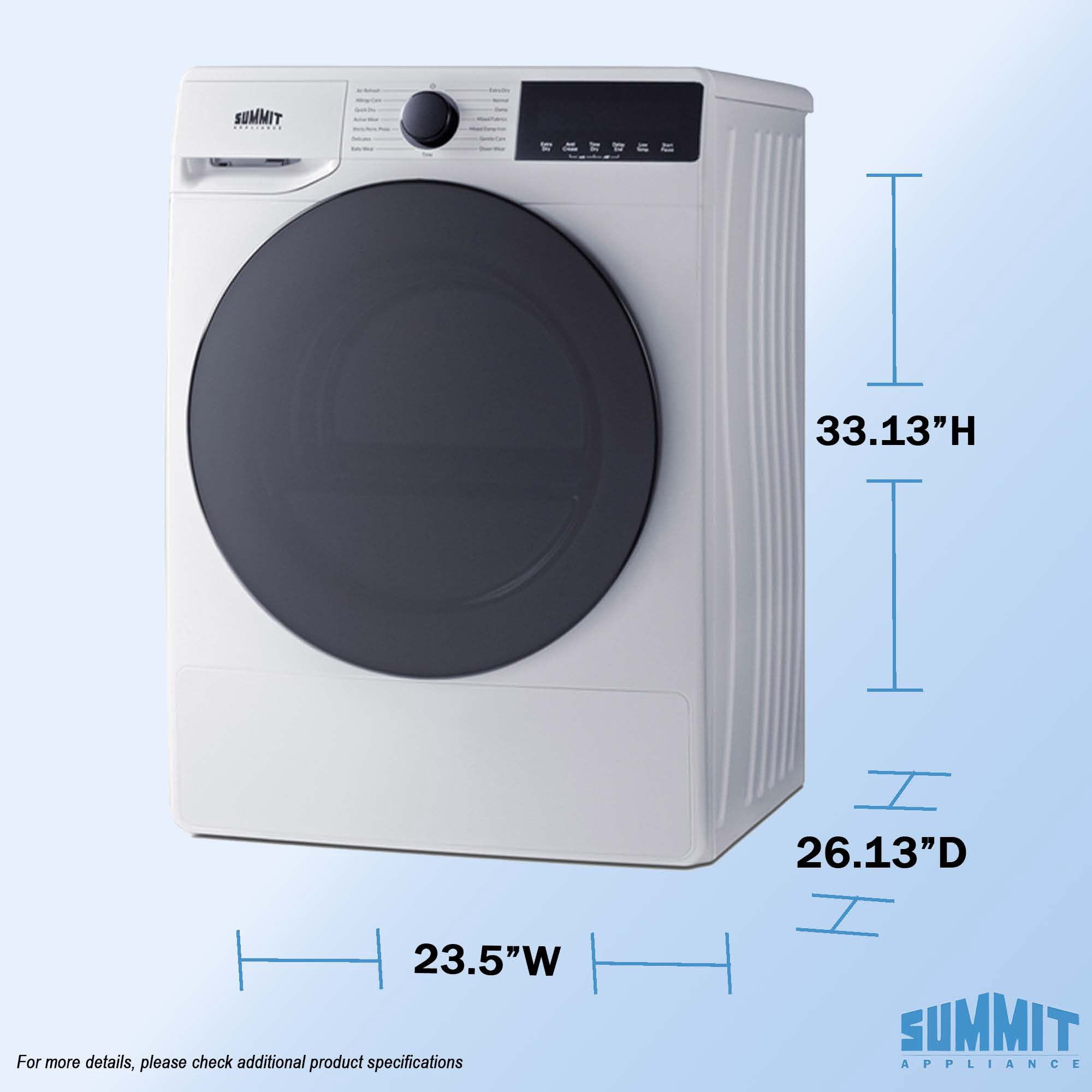Summit 4.1 cu.ft. Dryer, ENERYSTAR Certified, 208-240V, 15.4 lbs Load, 24 Inch Wide, White - SLDV342