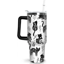 40 oz Cat Tumbler with Handle and Straw, Boho Stainless Steel Vacuum Insulated Travel Coffee Mug Cup Water Bottle, Kitty Stuff Accessories Decor, Cats Lover Gifts for Women Girls