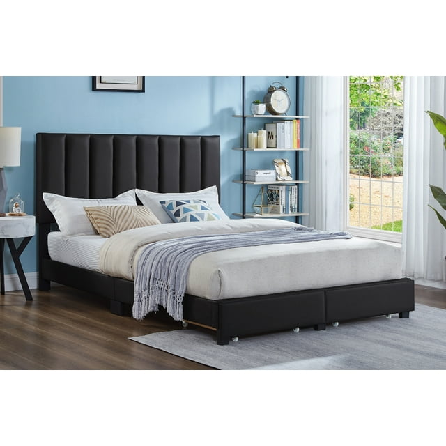 Lit Plateforme Rembourré avec Rangement Jesse avec Tiroirs et Tête de Lit Capitonnée Ajustable, Aucun Sommier Requis, Noir, Double