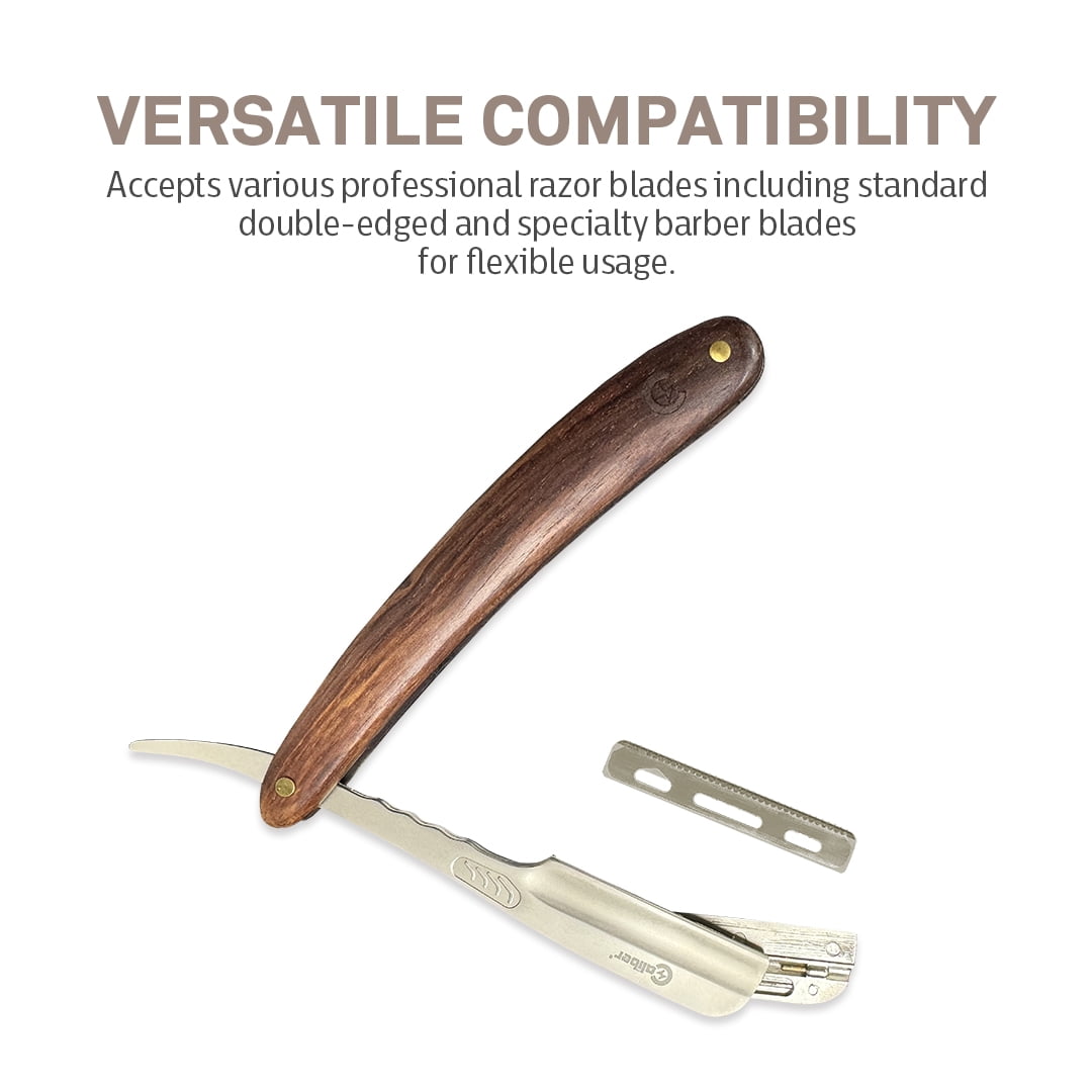 Caliber Pro Straight Razor H1, 6.5 inch Wood Handle, Stainless Steel Blade, Barber Scraper
