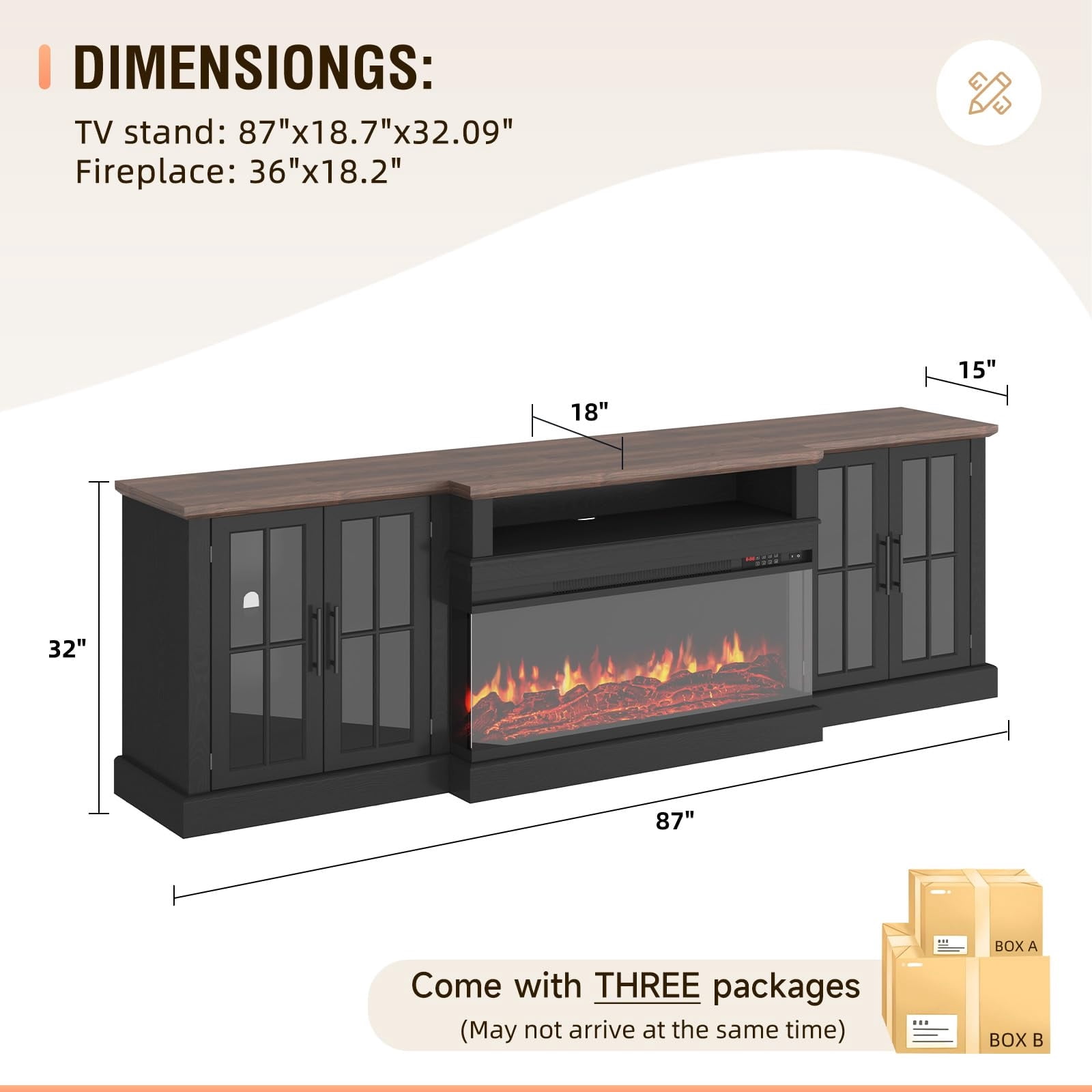 Sunmthink Farmhouse TV Stand with 36" Fireplace for TVs up to 90", 87" Media Entertainment Center with Adjustable Shelves and Large Storage Cabinets, for Living Room, Black