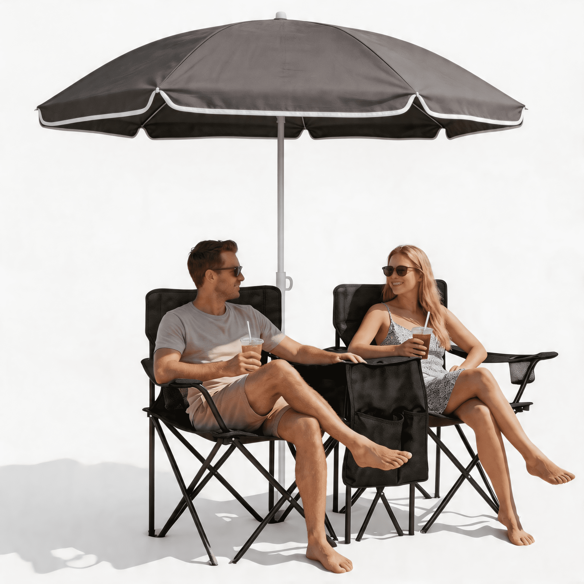 Leumius Double Camping Chair with Umbrella,Folding Camping Chair with Canopy Shade,Carrying Bag, Table,Cup Holder for Beach Patio Pool Park Outdoor,Black