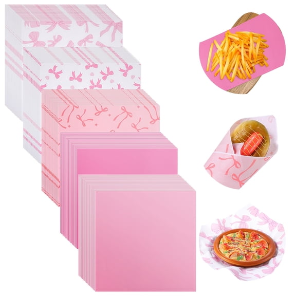 400 Sheets Pink & White Bow Wax Paper 12x12 Inch, Dry Waxed Deli Paper Liners, Cute Greaseproof Food Wrapping for Sandwiches, Bread, Burgers, Basket Liners for Birthday, Baby Shower & Party Serving