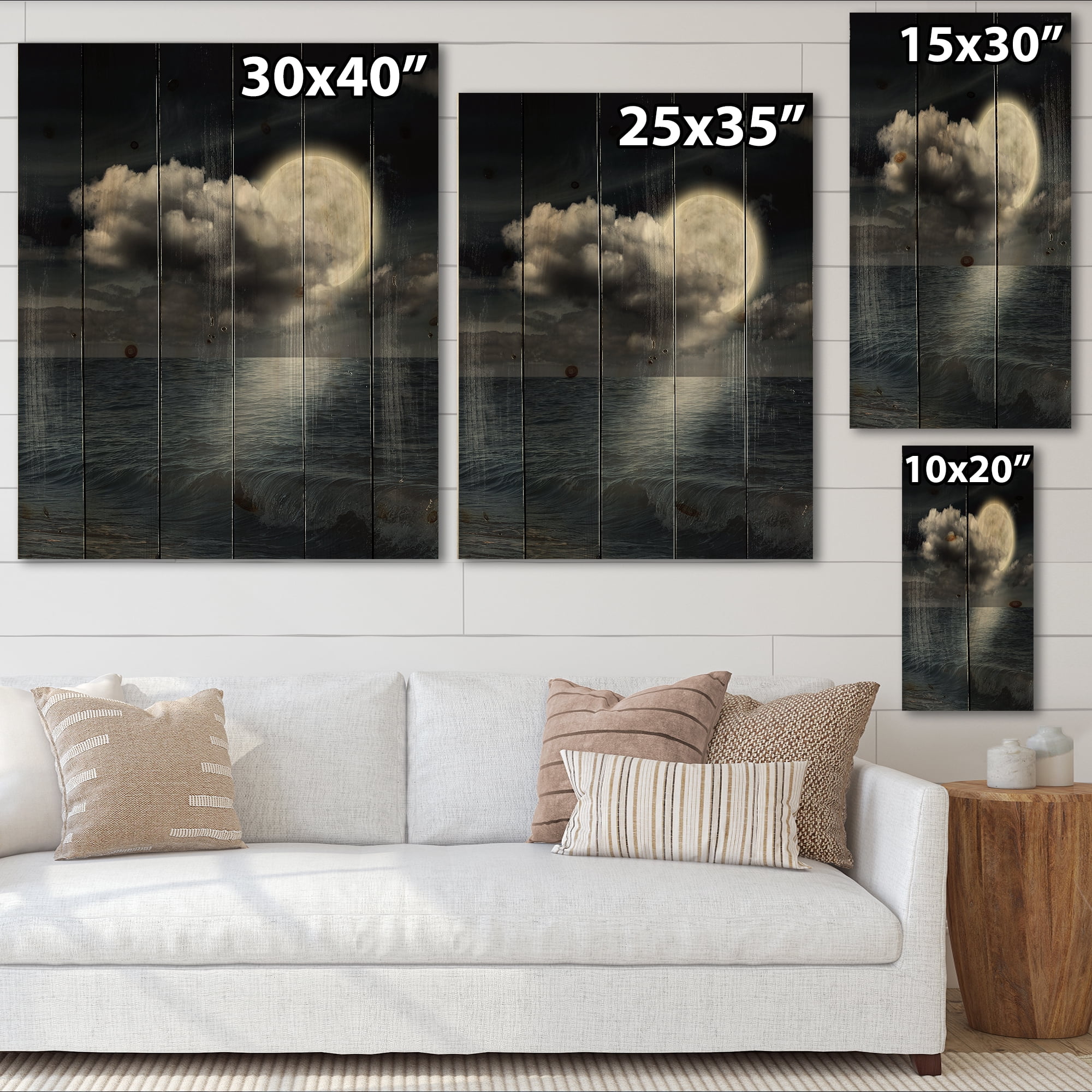 Designart 'Full Moon Night in Cloudy Sky VI' Nautical & Coastal Print on Natural Pine Wood