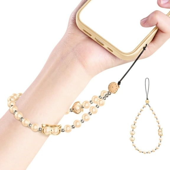 Pearls Accent Phone Lanyard with Metal Hook Convertible Wrist Strap Multipurpose Beaded Phone Strap for Secure Carrying