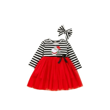 

luethbiezx 2Pcs Kids Dress Striped Santa Claus Embroidery O-Neck Long Sleeve Dress with Headband