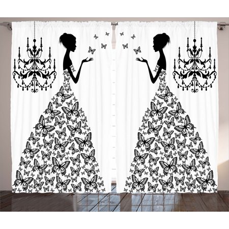 Madame Butterfly Black And White Living Room Curtains 2panels Set