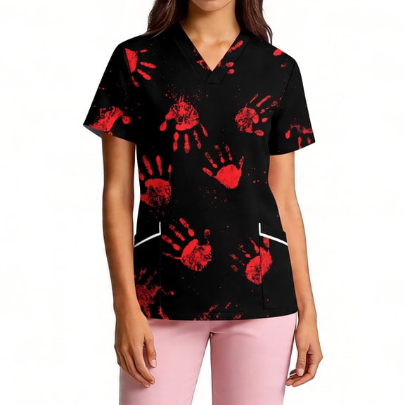 Halloween Scrubs for Women Cute Pumpkin Ghost Nursing Uniform Trendy V Neck Scrub Shirt Holiday Short Sleeve Tees Blouse with Pockets Red 2XL
