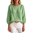 thumbnail image 4 of TGSLY Crew Neck Linen Tops for Women Lightweight Soft Solid Color Crinkle Blouses Relaxed Dressy 3/4 Balloon Sleeve Tshirts with Elastic Cuffs M, 4 of 6