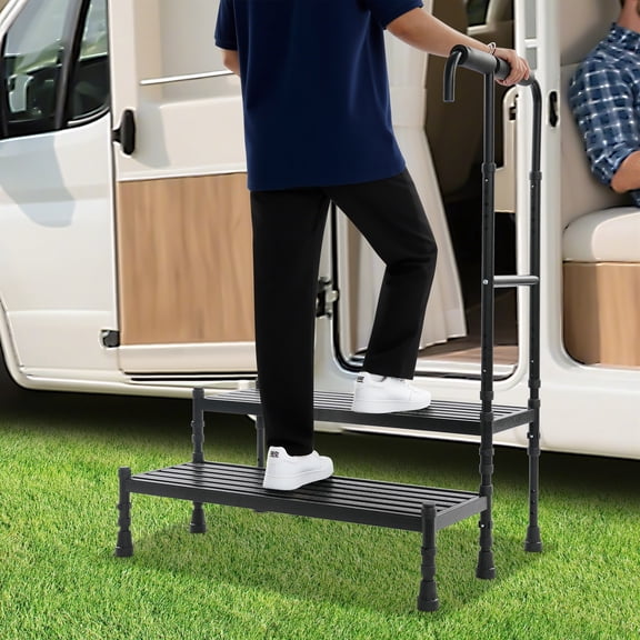 2 Steps Stool with Handle, Adult Ramp with Handrail, Metal Stepping Stool