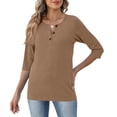thumbnail image 5 of Qwertyu Womens Tops 3/4 Length Sleeve V Neck Loose Casual Button T Shirts Summer Basic Tees Light Brown 4XL, 5 of 5