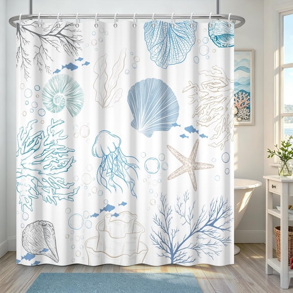 Blue Ocean Sea Life Shower Curtain Coral Seashell Starfish Waterproof Fabric Bathroom Decor 71x71 inches