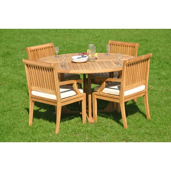 Teak Dining Set:4 Seater 5 Pc - 60" Round Table And 4 Sack Arm Chairs Outdoor Patio Grade-A Teak Wood WholesaleTeak #WMDSSK1