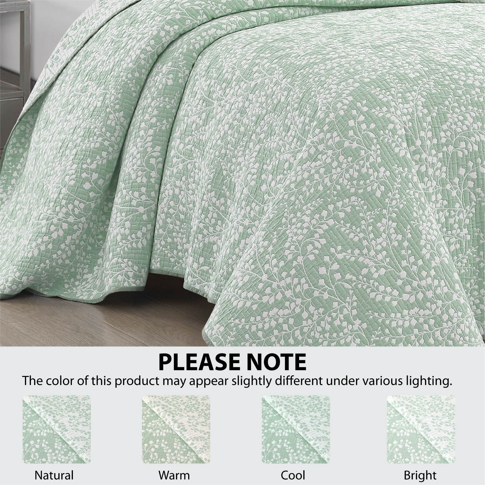 Mainstays Botanical Floral Stitched Quilt, King, Light Green, Reversible Lightweight Bedding