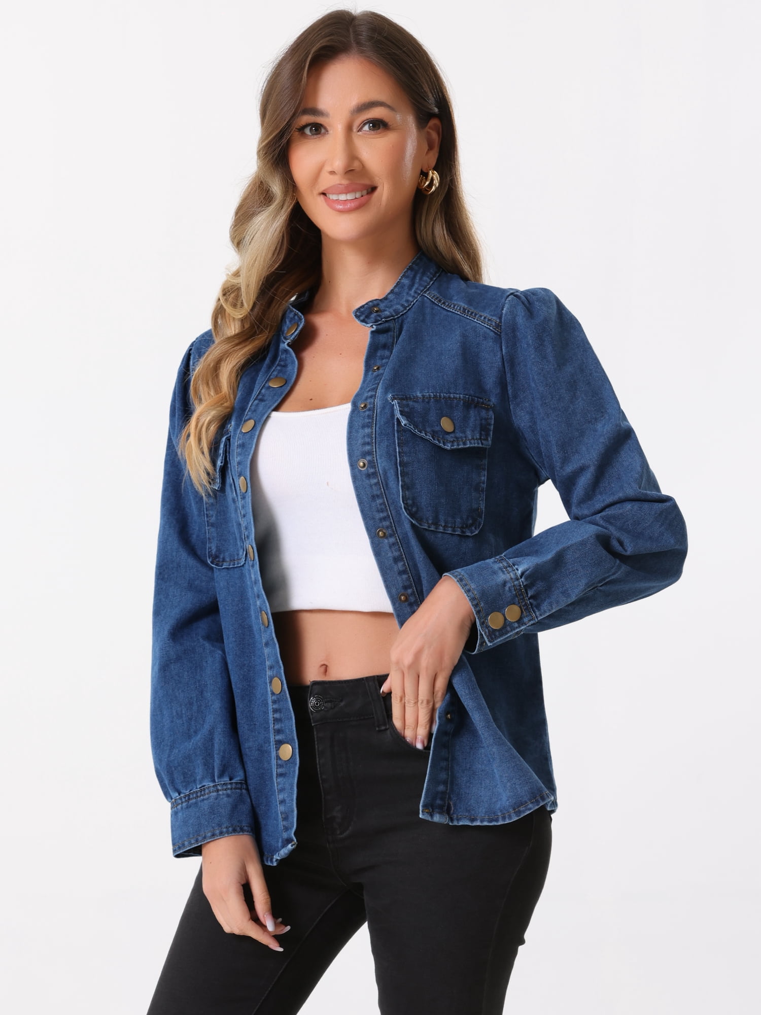 DARING DIVA Women's Puff Long Sleeve Button Down Jean Denim Jackets L Blue
