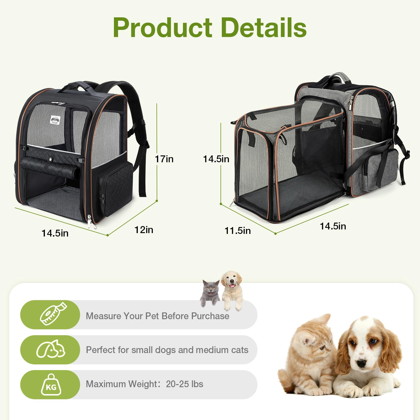 Expandable Cat Backpack Carrier for Small Dogs Medium Cats Foldable Pet Travel Backpack Comfort Lightweight Durable Fits Pets Up to 18 Lbs Ideal for Outdoor Hiking Walking Camping Black