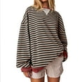 thumbnail image 1 of Camisa deportiva de manga larga con cuello redondo y bloques de color a rayas de gran tamaño para mujer, camiseta informal holgada, 1 of 3