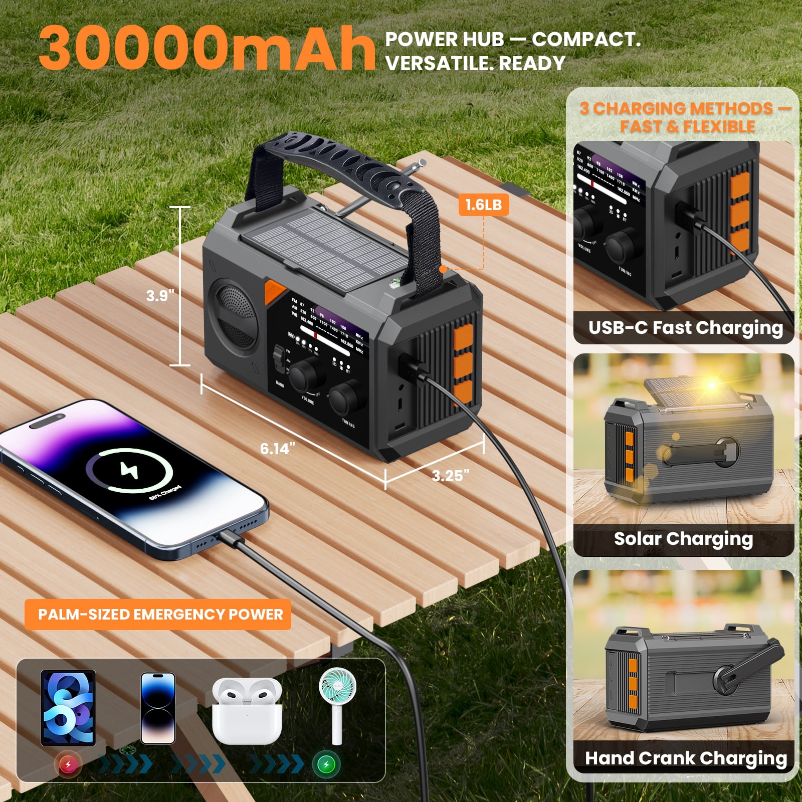 AUOSHI 30000mAh Weather Radio, NOAA/AM/FM Emergency Radio with USB/Solar/Hand Crank Charging, Flashlight, SOS Alarm, Compass, Battery Operated for Hurricane Preparedness, Gray