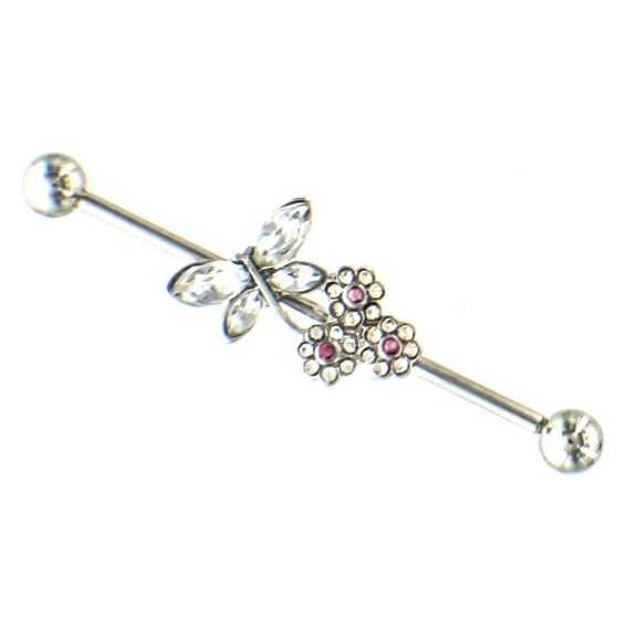 Body Accentz Industrial bar 14g 1.5'' Barbell with Clear Butterfly and Flowers