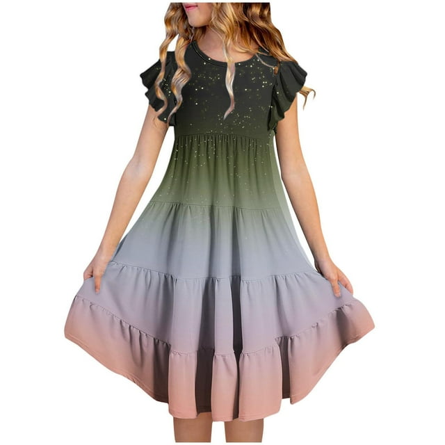Cinvoph Robes d'Été pour Filles Préadolescentes, Robes à Volants Superposés à Manches en Dentelle, Robe Midi Tendance pour Enfants, Taille 6-15 Ans