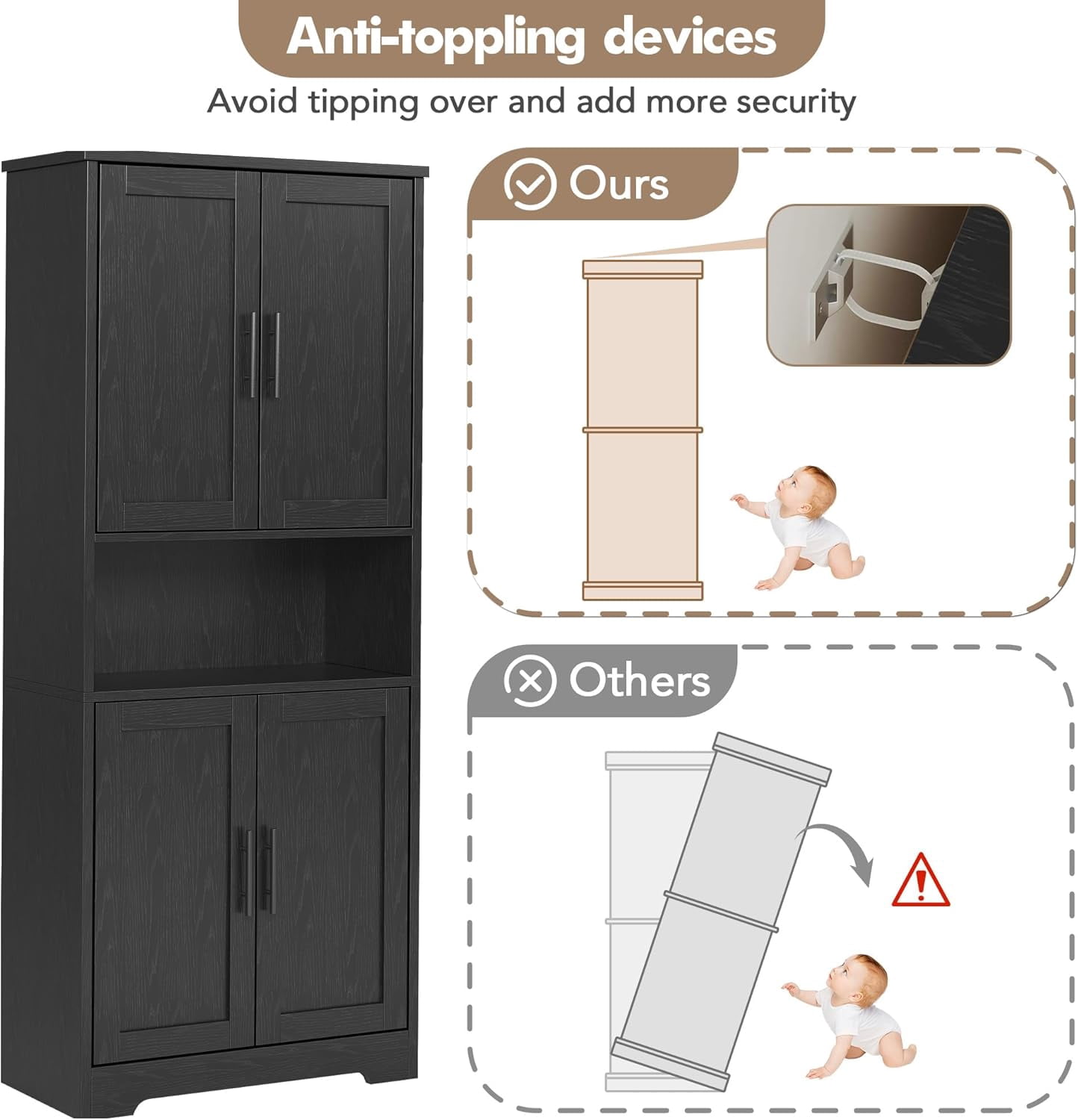 70-Inch Tall Kitchen Pantry Cabinet with 4 Doors and Adjustable Shelves, Freestanding Utility Hutch Cupboard, Black