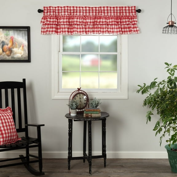 VHC Brands Annie Buffalo Check Cotton Farmhouse Kitchen Curtains Rod Pocket Hanging Loops Ruffling 16x60 Valance, Red Country