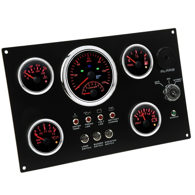 Boat Dash Instrument Panel, Red LED 0 To 120MPH UV Resistant Voltage Display 5 Gauge Set Instrument Panel IP67 Waterproof Rust Proof for 12V Yacht