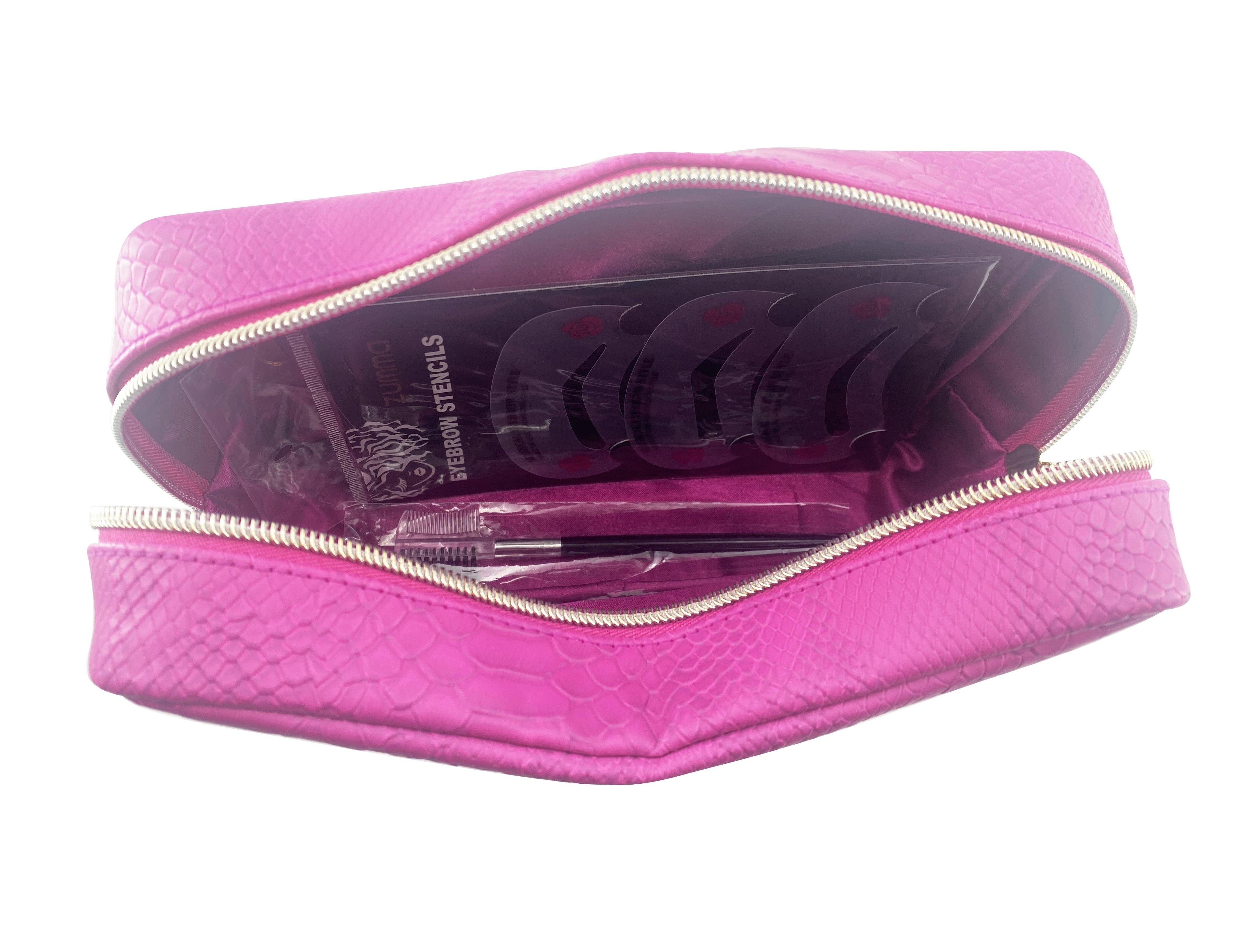 Zumma Makeup Bag, Faux Crocodile Leather, Magenta, with Bonus Brow Kit