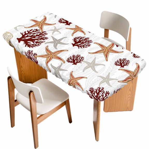 Brown Starfish Coastal Table Cloths for 6 Foot Rectangle Tables, Coral Nautical Summer Ocean Patio Waterproof Elastic Fitted Tablecloths, Washable Rectangular Table Cover for Camping