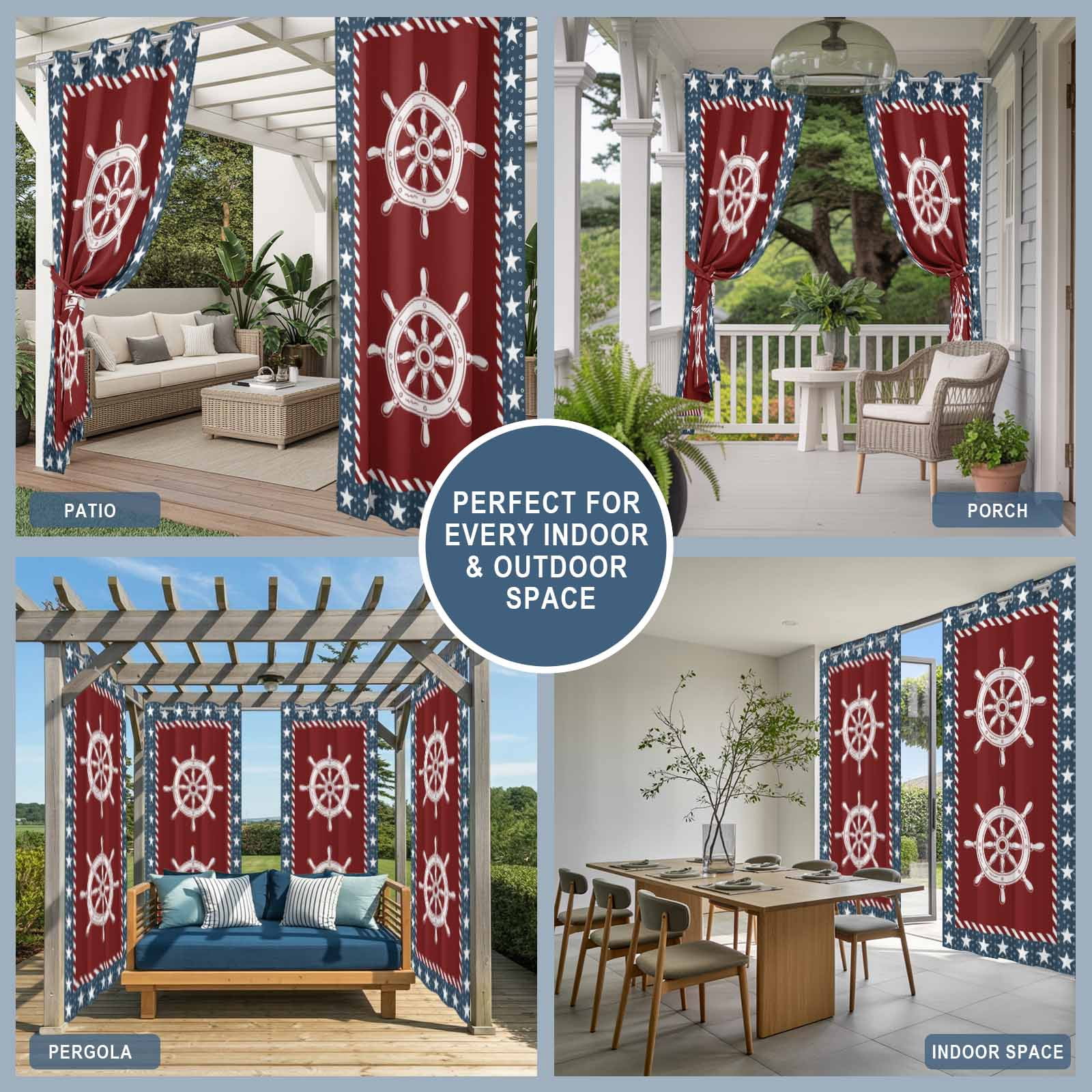 Independence Day Outdoor Curtains for Patio, U.S. Flag Ocean Coastal Rudder Pentagon Star Navy Blue Sunshade Privacy Drapes Grommet Waterproof Outside Curtains for Porch Balcony 54"x108", 1 Panel