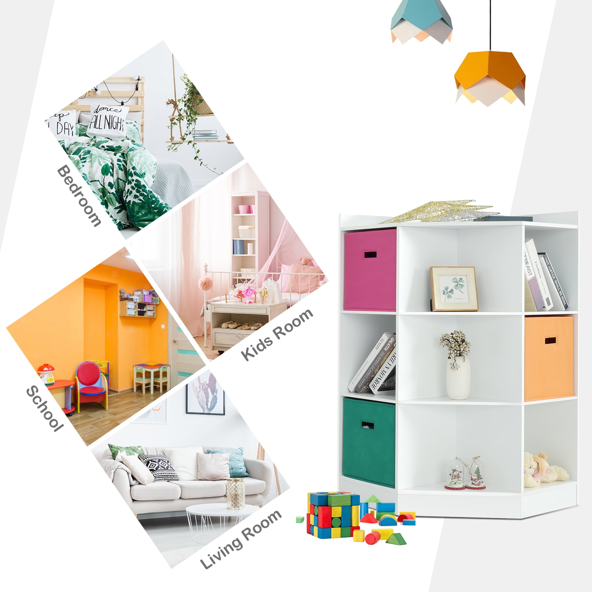 Gymax 3-Tier Kids Storage Shelf Cubes White w/3 Baskets Corner Cabinet Organizer