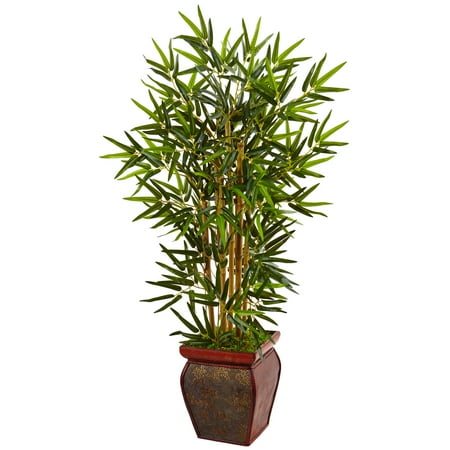 Faux Bamboo Tree - Nearly Natural 3.5 ft. Bamboo Artificial Tree in Wooden Decorative Planter