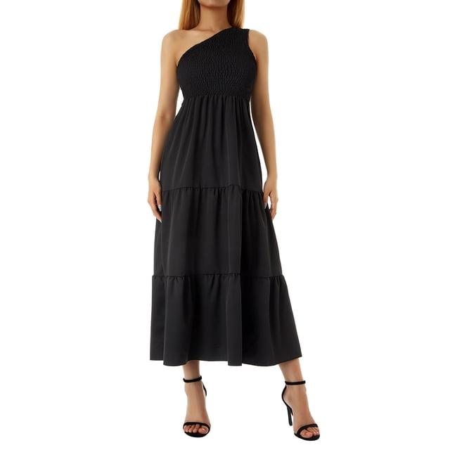 Boiiwant Femmes Boho Été Imprimé une Épaule Smocked Tube Top Flowy Tiered Plage Fête Maxi Robe
