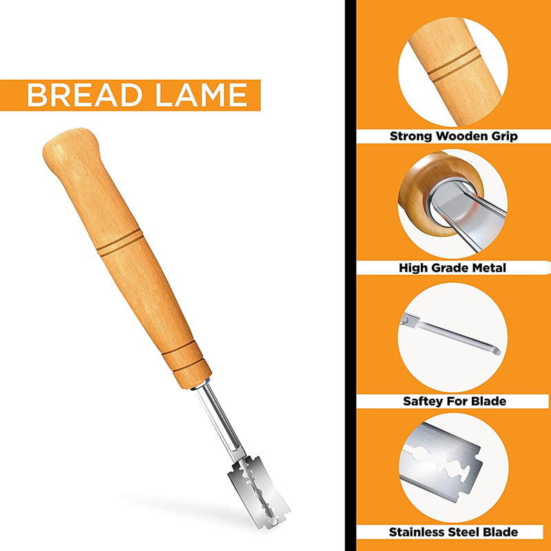 7pcs Stainless Steel Bread Cutter Set Including 1pc Creative Wooden Handle  Bread Lame, 1pc Dough Scoring Tool, 1pc Bread Carving Knife, 5pcs Blades  And 1pc Pu Leather Protective Cover
