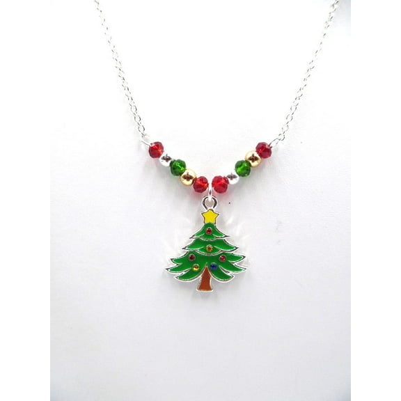 Clip on silver chain Christmas Tree beaded necklace & earring set