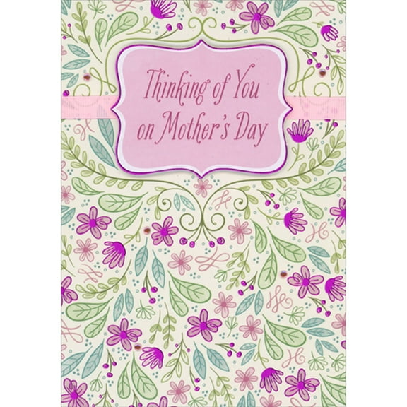 Designer Greetings Thinking of You Pink 3D Banner Over Pink Ribbon, Pink Foil Flowers, Pink Gems and Blue and Green Leaves Hand Decorated Mother's Day Card