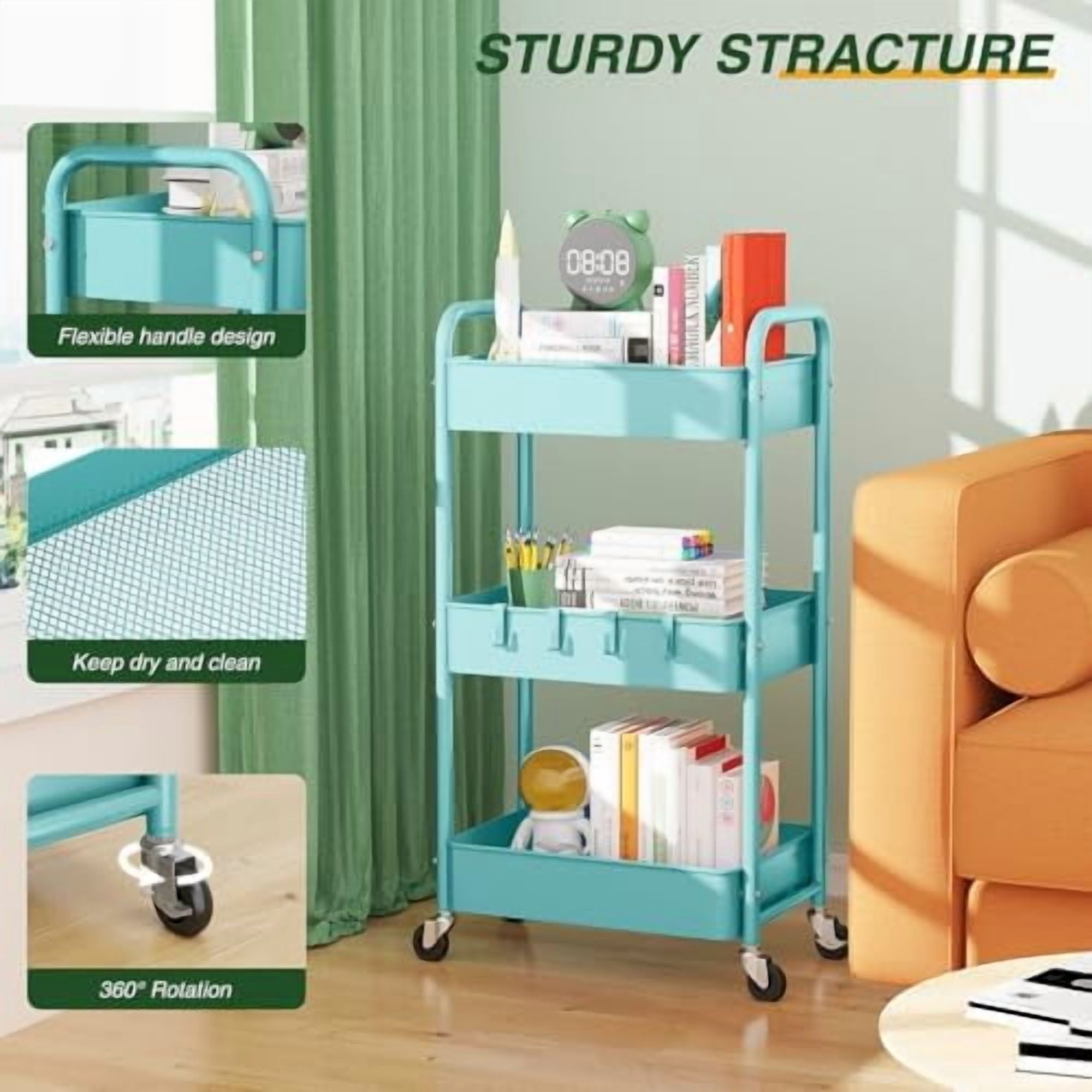 3 Tier Rolling Storage Cart, Metal Trolley Utility Cart with Wheels & Hooks, Easy Assembly Organizer Storage Cart for Bathroom Kitchen Office Bedroom Blue