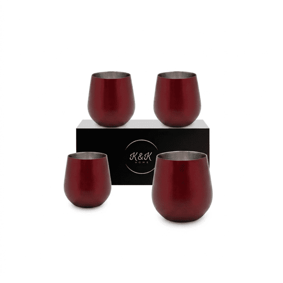 K&K Home Stainless Steel Unbreakable Stemless Wine Glasses - 15 oz - Set of 4 Colored, Stemless Metal Wine Glasses Perfect for Outdoors, Weddings, and Parties (Red)