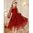 thumbnail image 2 of Inglocry Girls Dresses Contrast Mesh Long Sleeve Twirly High Low Birthday Party Solid Color Formal Dress Red 9-10Y, 2 of 5