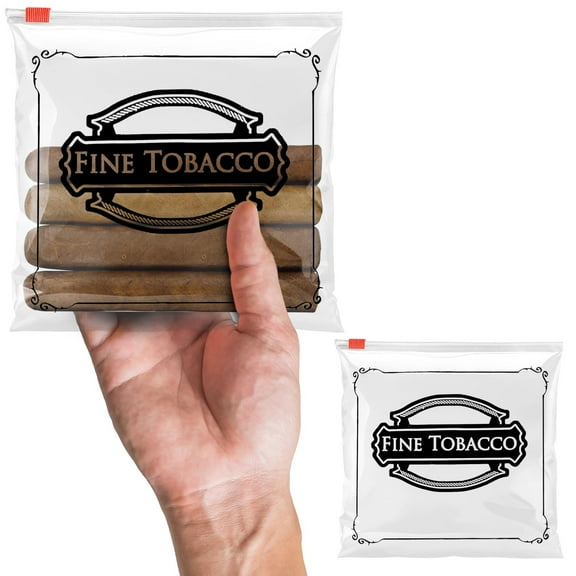 Clear Printed Fine Tobacco Cigar Bags Plastic, 6.5 x 6 Inches. Pack of 100 Poly Slider Top Cigar Storage Bags 4 Mil. Zip Seal Bags for Cigars. Slider Zipper Bags for Storing Cigars