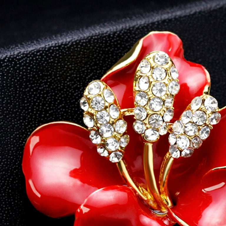 VTG Fashion Gold Tone Red Enamel Crystal Ribbon Bow Brooch Pin