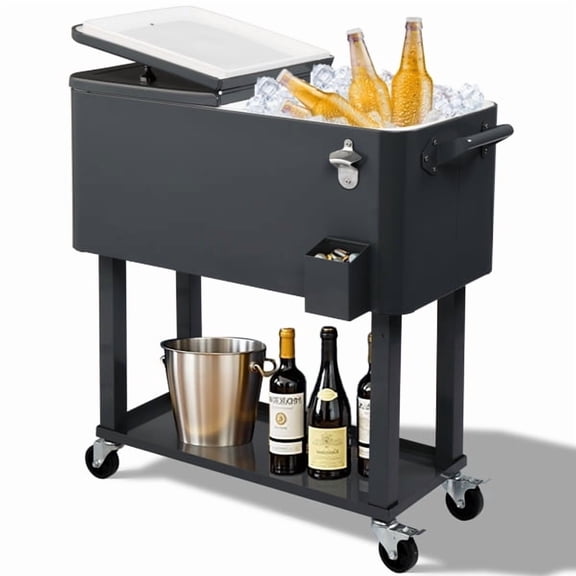 80 Qt Dark Grey Insulated Cooler Cart, Rolling Freezer Box with Iron Frame for Outdoor Camping Tailgating Party
