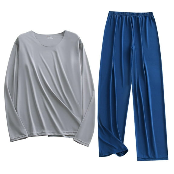 Wdfiry Men's Plus Size Lounge Outfits 2 Pieces Set Fashion Solid Casual Round Neck Blouses and Loose Pants Summer Cool Breathable Pajamas Sets for Men