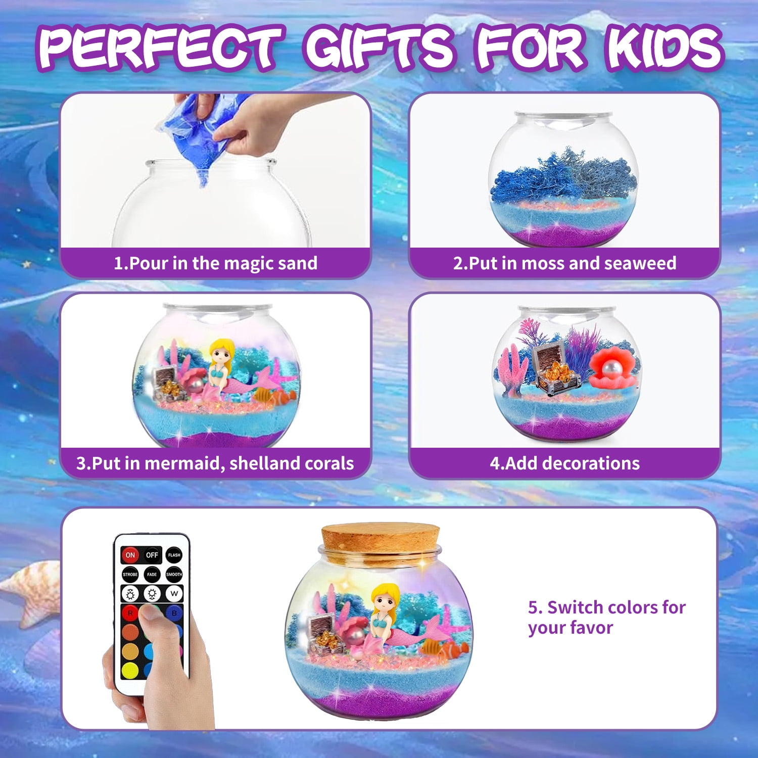 LINXUXIE Mermaid Terrarium Craft Kit for Kids, DIY Arts Set & Remote Mermaid, Birthday Gifts for 4 5 6 7 8 Year Old