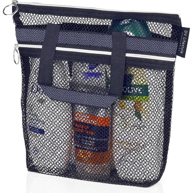Bolsa de ducha portátil de malla de 10.2 x 9.9 pulgadas con cierre y 2 bolsillos. DV Lifestyle - Bolsa de ducha ideal para gimnasio, viajes, campamento, playa, protector solar, recámara