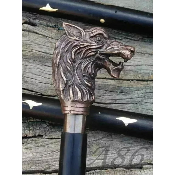 Wolf Head Shape Handle Wooden Walking Cane for Men and Women