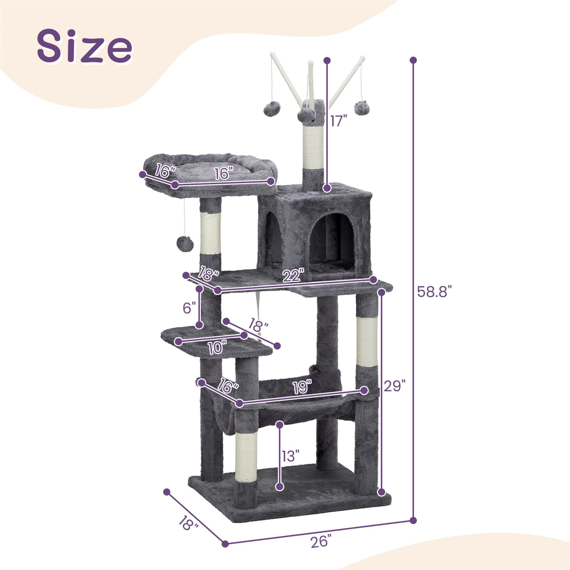 Kadyn 58" Cat Tree Tower for Indoor Cats, Cat House with Padded Platform Bed, Toy Balls, Large Cozy Condo, Hammocks and Sisal Scratching Posts, Dark Gray