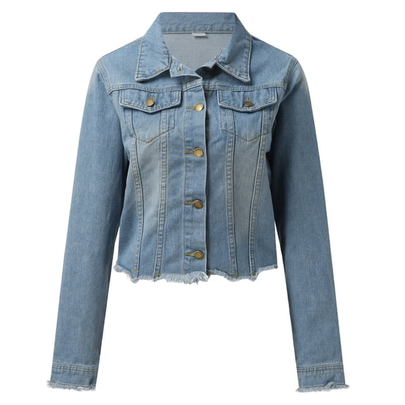 Vedolay Fall Tops for Women Womens Jean Jackets Distresse Oversized Stretch Button Up Cropped Coats,Light Blue M